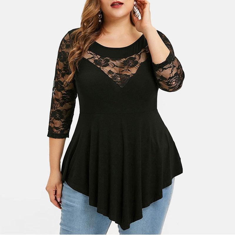 Plus Size Floral Lace Hollow Out Sexy Tunic Blouse Shirt Women Spring Autumn Big Size Tops Ruffles Irregular Blusas - ItemBear.com