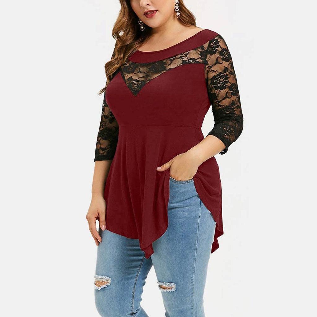 Plus Size Floral Lace Hollow Out Sexy Tunic Blouse Shirt Women Spring Autumn Big Size Tops Ruffles Irregular Blusas - ItemBear.com