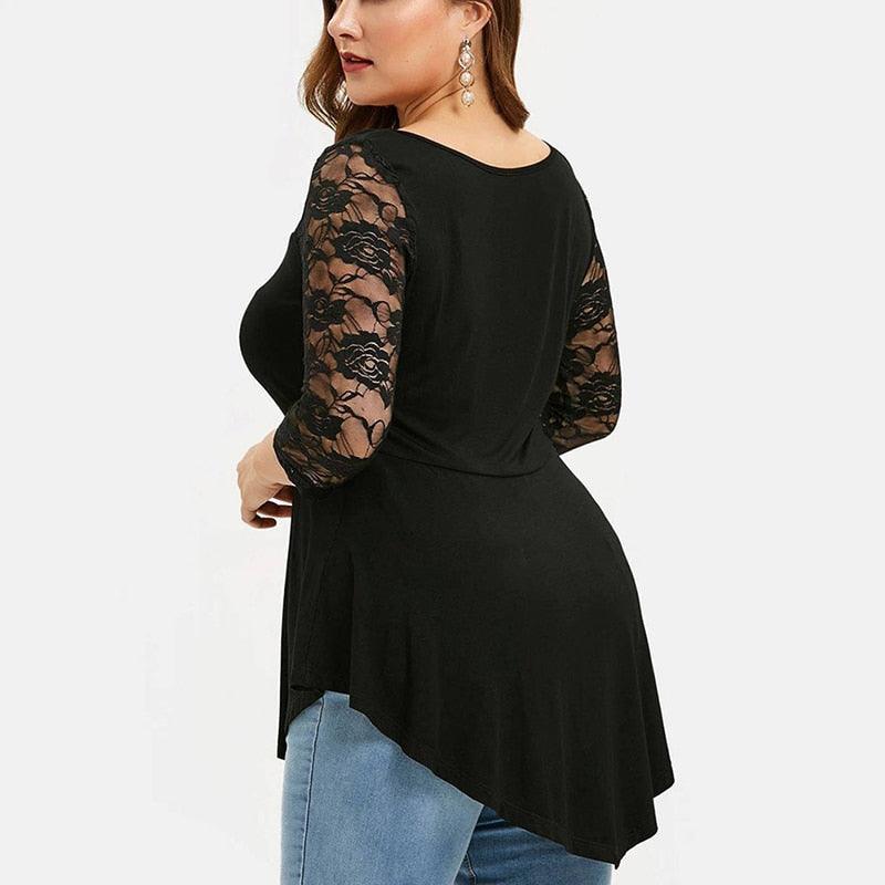 Plus Size Floral Lace Hollow Out Sexy Tunic Blouse Shirt Women Spring Autumn Big Size Tops Ruffles Irregular Blusas - ItemBear.com