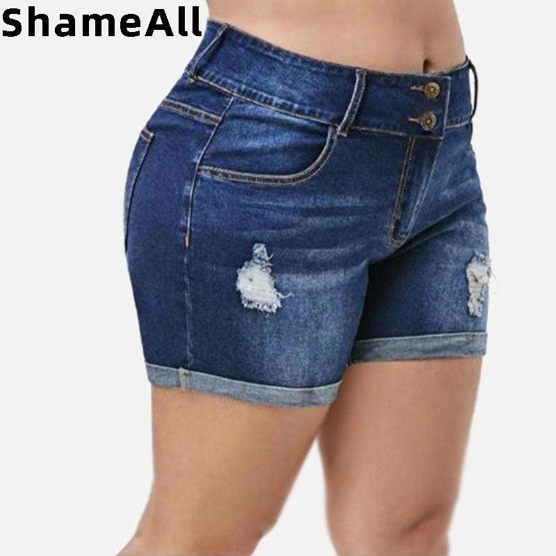 Plus Size Streetwear Push Up Slim Hip Cuffed Short Jeans Summer Women Ripped Casual Denim Shorts - ItemBear.com