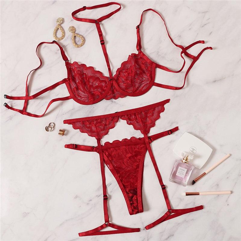 Red Underwire Bra Panties Garter Set - ItemBear.com