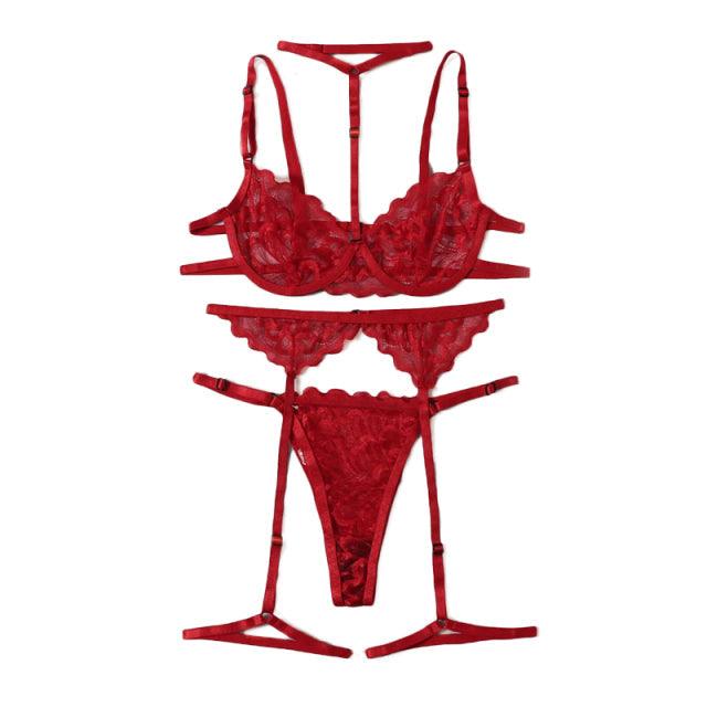 Red Underwire Bra Panties Garter Set - ItemBear.com