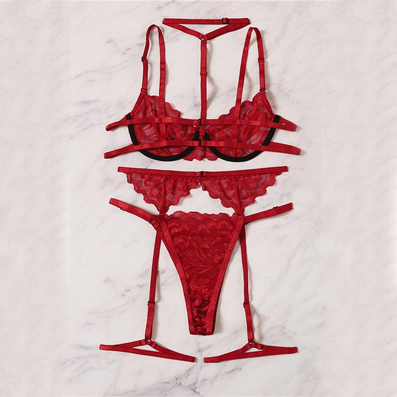 Red Underwire Bra Panties Garter Set - ItemBear.com