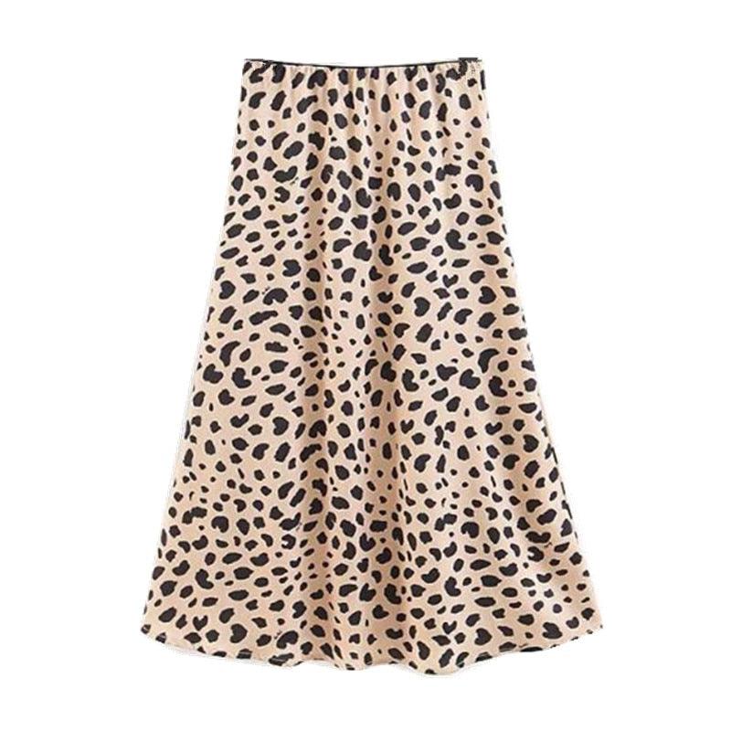 Retro High Waist Leopard Print Satin Skirt like Silk Summer Women Elastic Waist Mid Long A-line Skirts Femme - ItemBear.com