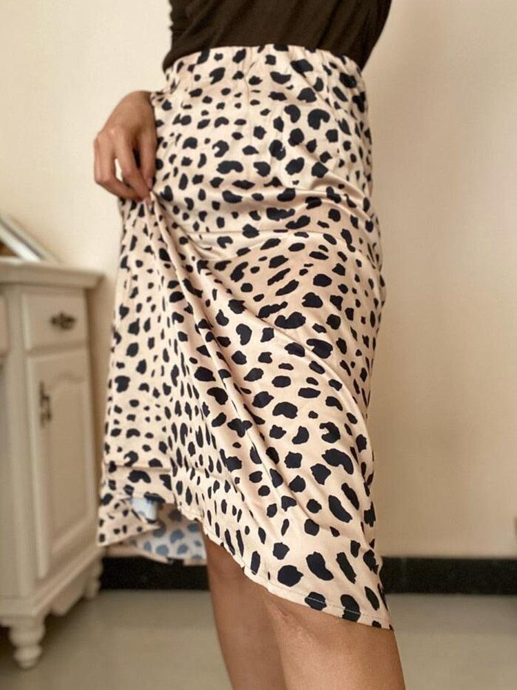 Retro High Waist Leopard Print Satin Skirt like Silk Summer Women Elastic Waist Mid Long A-line Skirts Femme - ItemBear.com