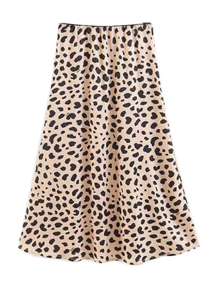 Retro High Waist Leopard Print Satin Skirt like Silk Summer Women Elastic Waist Mid Long A-line Skirts Femme - ItemBear.com