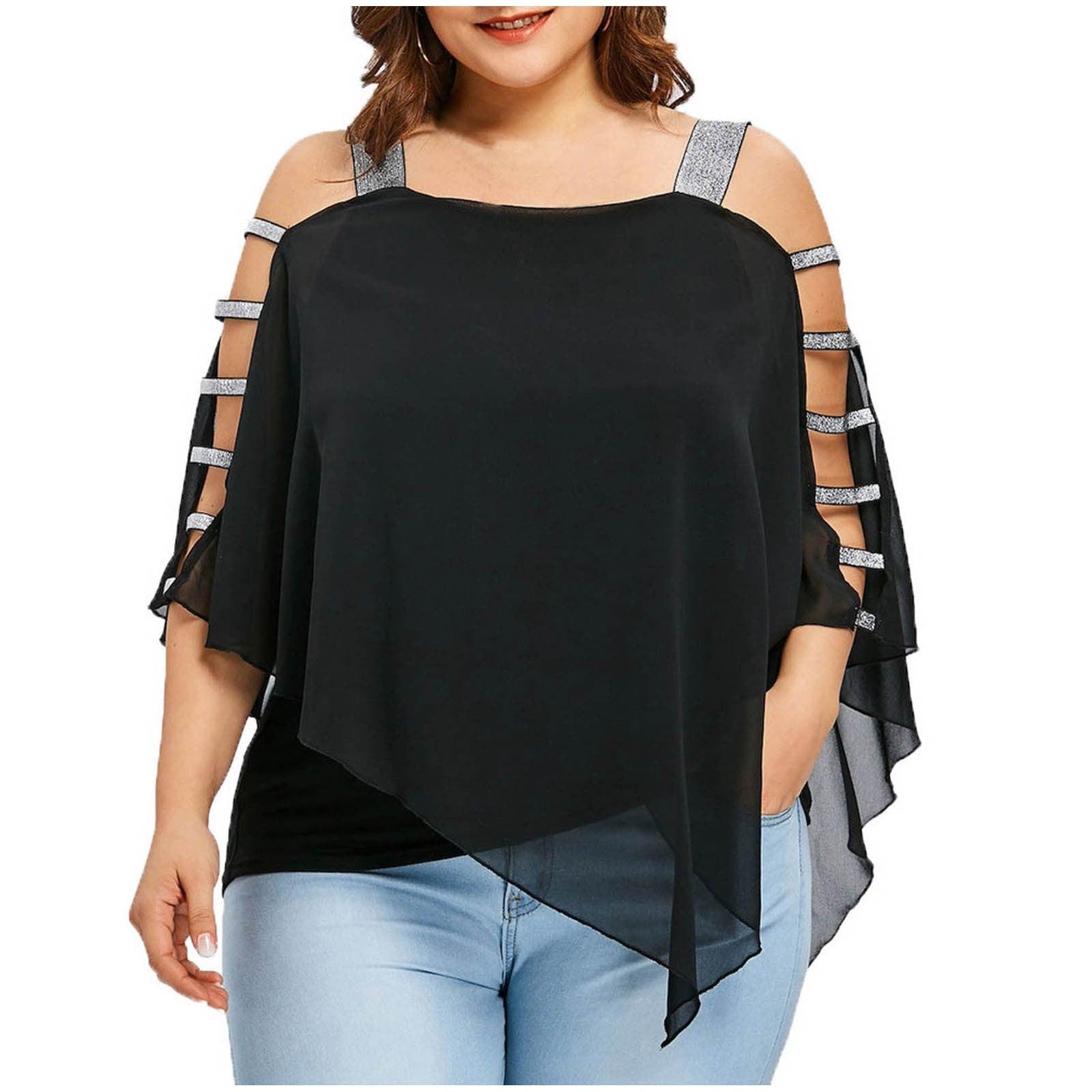 Sexy Fashion Plus Size Tops Women Ladder Sling Cut Overlay Patchwork Hollow Out Blouse Strapless Tops Flare Sleeves Blouse - ItemBear.com