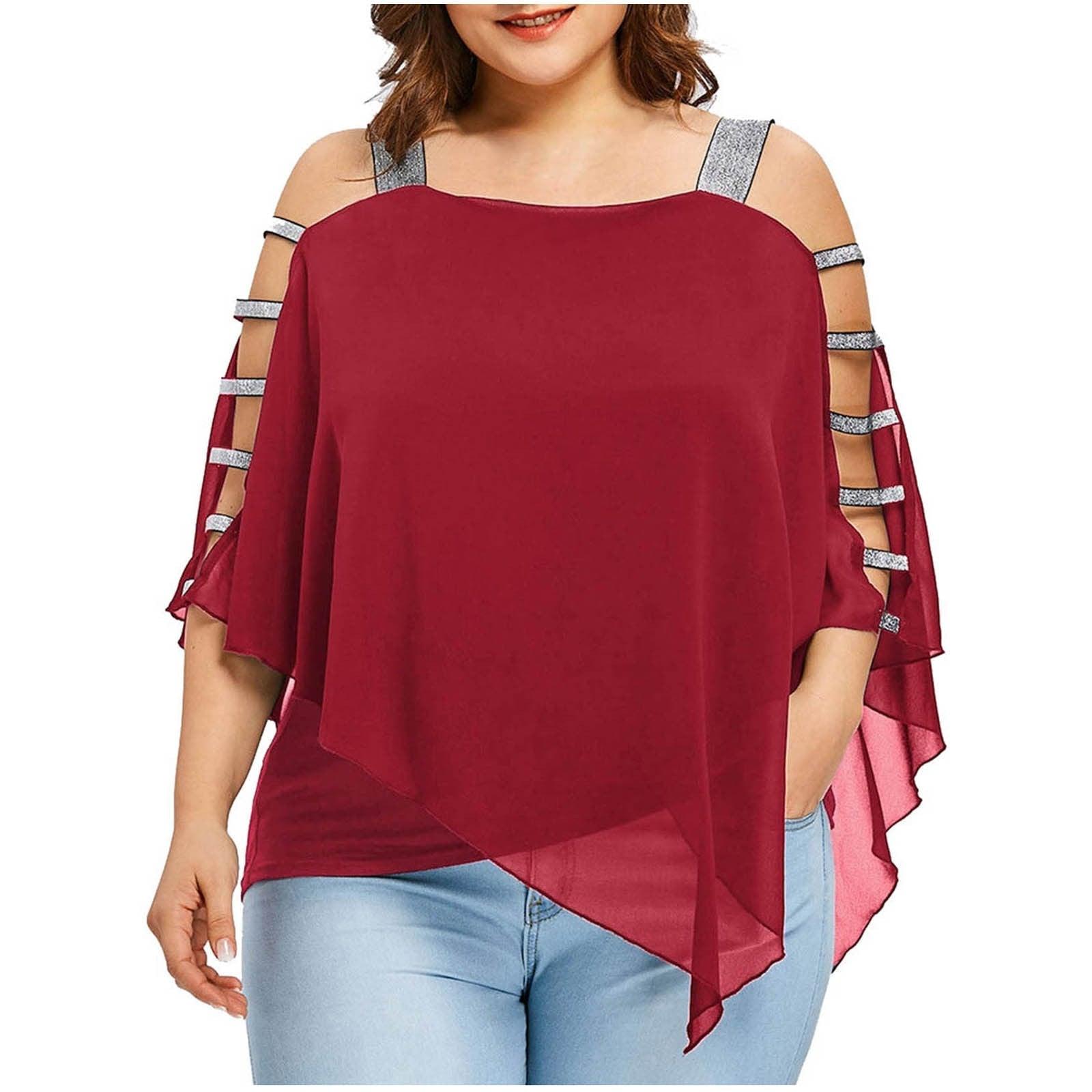 Sexy Fashion Plus Size Tops Women Ladder Sling Cut Overlay Patchwork Hollow Out Blouse Strapless Tops Flare Sleeves Blouse - ItemBear.com