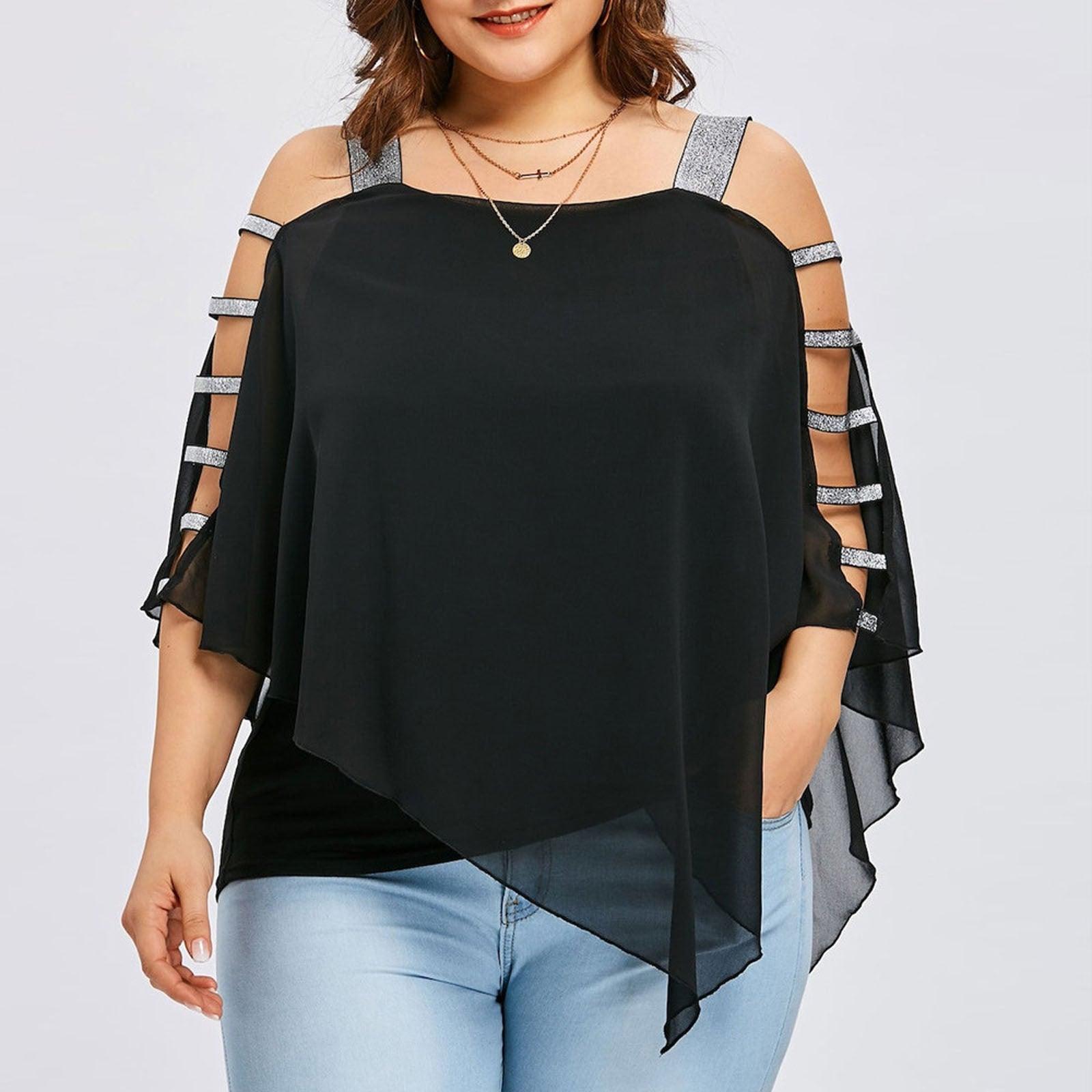 Sexy Fashion Plus Size Tops Women Ladder Sling Cut Overlay Patchwork Hollow Out Blouse Strapless Tops Flare Sleeves Blouse - ItemBear.com