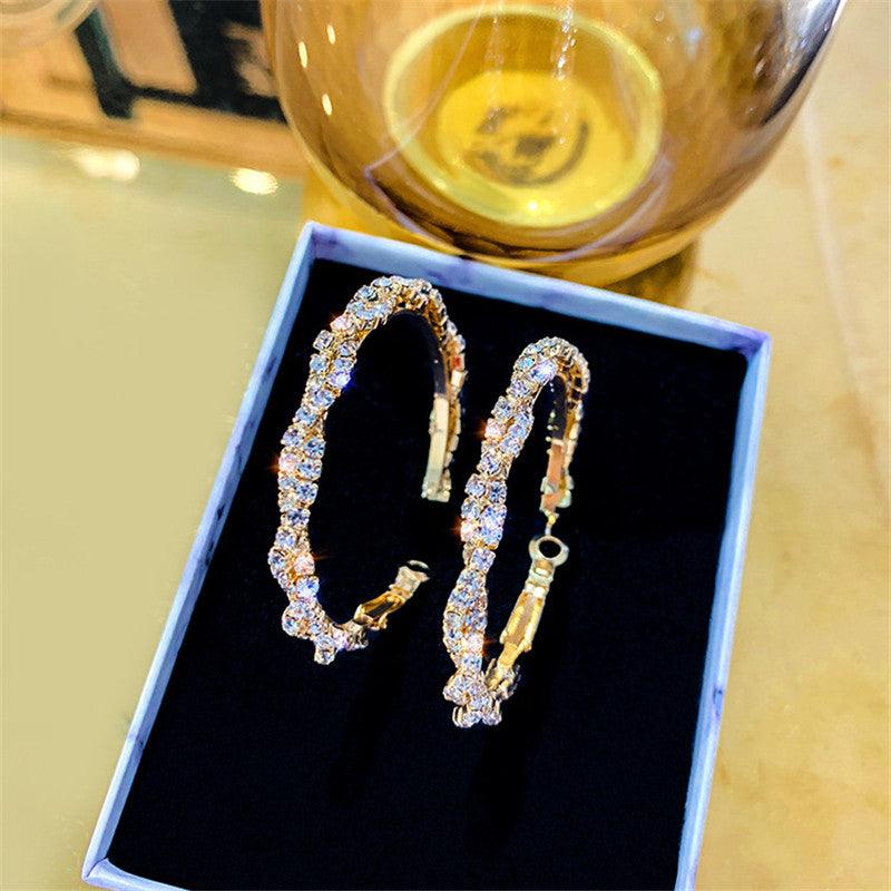 Shiny Screw Crystal Round Hoop Earrings - ItemBear.com