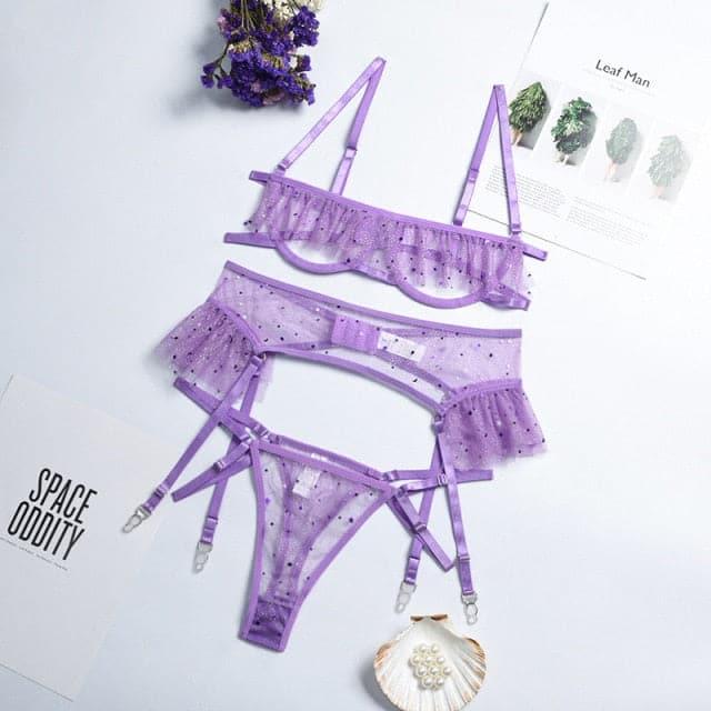 Sparkle Stars Sheer Mesh Bra Panties Garter Lingerie Set - ItemBear.com