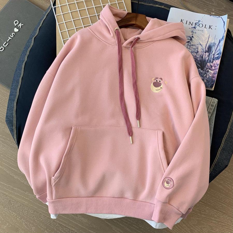 Strawberry bear embroidered plus velvet large size sweater women's autumn and winter loose and versatile hooded jacket fake two-piece tops ins - ItemBear.com