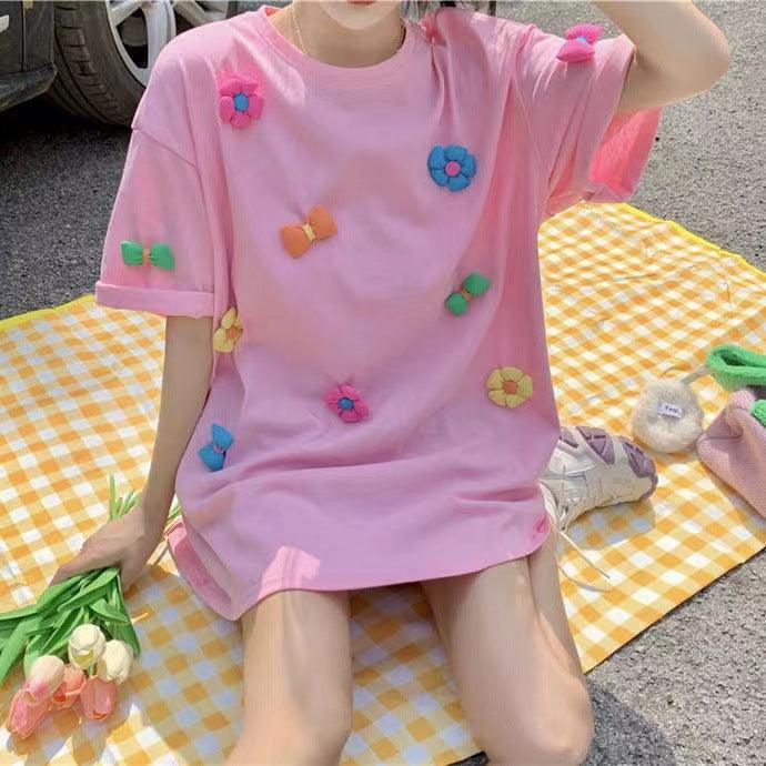 summer new European casual all-match three-dimensional flowers loose short-sleeved t-shirt women's pure cotton foreign style half-sleeve trend - ItemBear.com