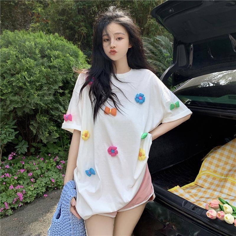 summer new European casual all-match three-dimensional flowers loose short-sleeved t-shirt women's pure cotton foreign style half-sleeve trend - ItemBear.com