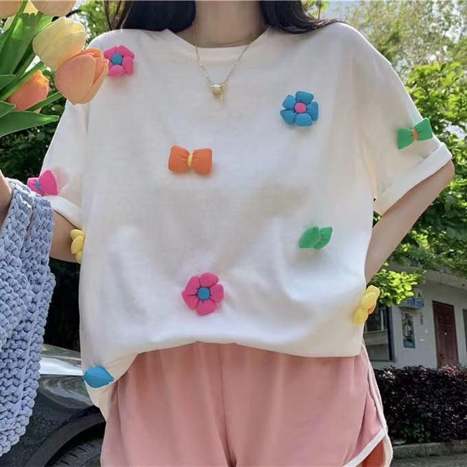 summer new European casual all-match three-dimensional flowers loose short-sleeved t-shirt women's pure cotton foreign style half-sleeve trend - ItemBear.com