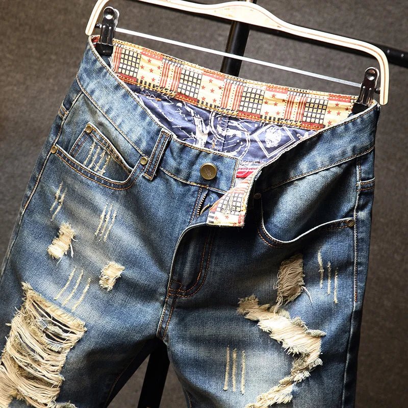 Summer New Men's Ripped Short Jeans Streetwear Big Hole Fashion Vintage Blue Slim Denim Shorts Brand Clothes - ItemBear.com