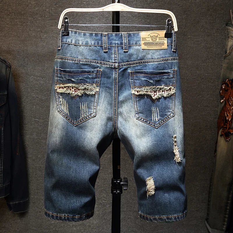 Summer New Men's Ripped Short Jeans Streetwear Big Hole Fashion Vintage Blue Slim Denim Shorts Brand Clothes - ItemBear.com