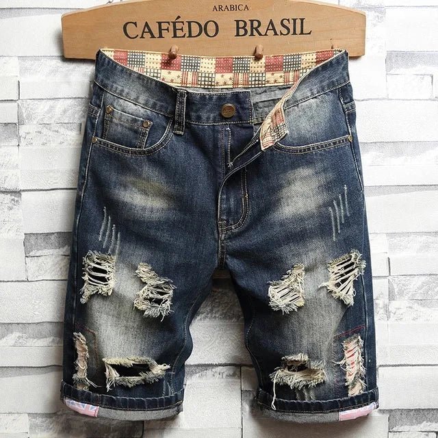 Summer New Men's Ripped Short Jeans Streetwear Big Hole Fashion Vintage Blue Slim Denim Shorts Brand Clothes - ItemBear.com