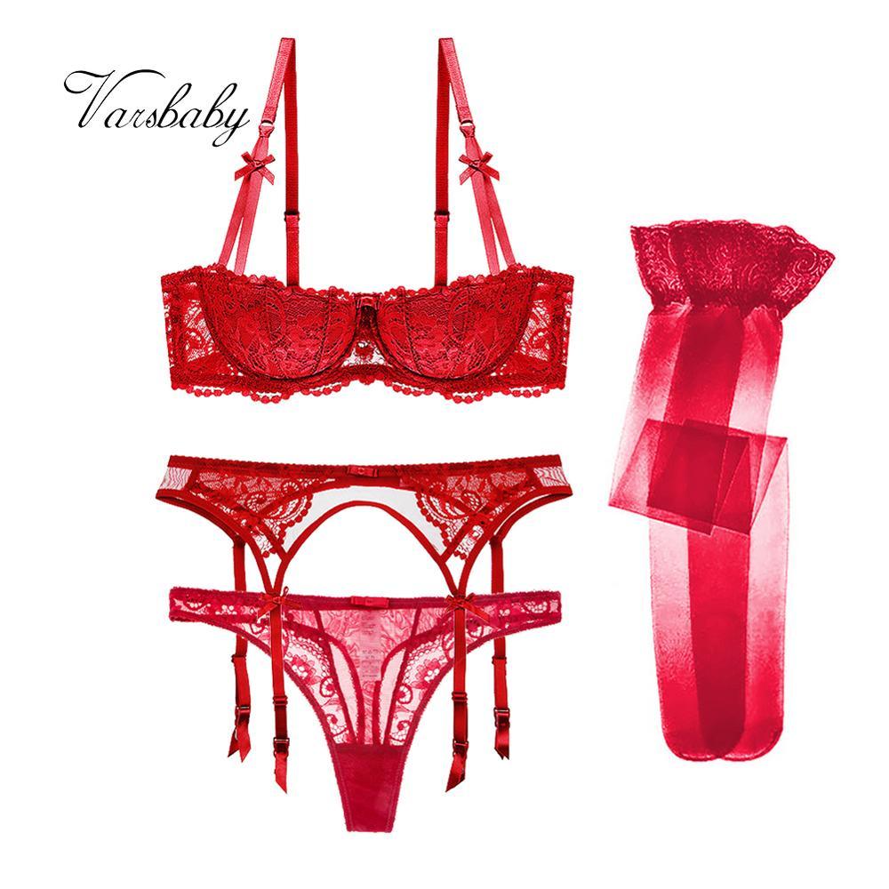 Varsbaby 4 Pcs Sexy Spitze Halb-Tasse Dünnen Unterwäsche Stickerei Büstenhalter Sammeln Bh + Tanga + Gürtel + strümpfe Dessous Sets - ItemBear.com