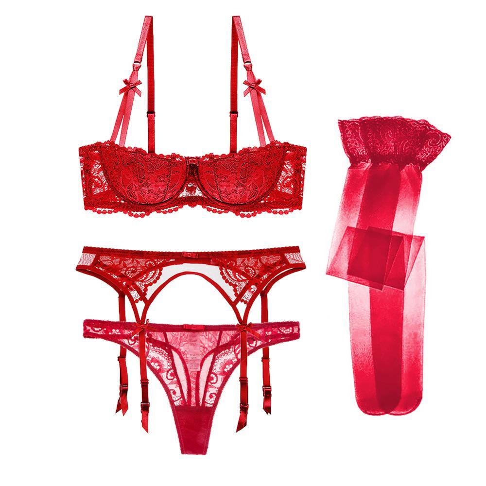 Varsbaby 4 Pcs Sexy Spitze Halb-Tasse Dünnen Unterwäsche Stickerei Büstenhalter Sammeln Bh + Tanga + Gürtel + strümpfe Dessous Sets - ItemBear.com