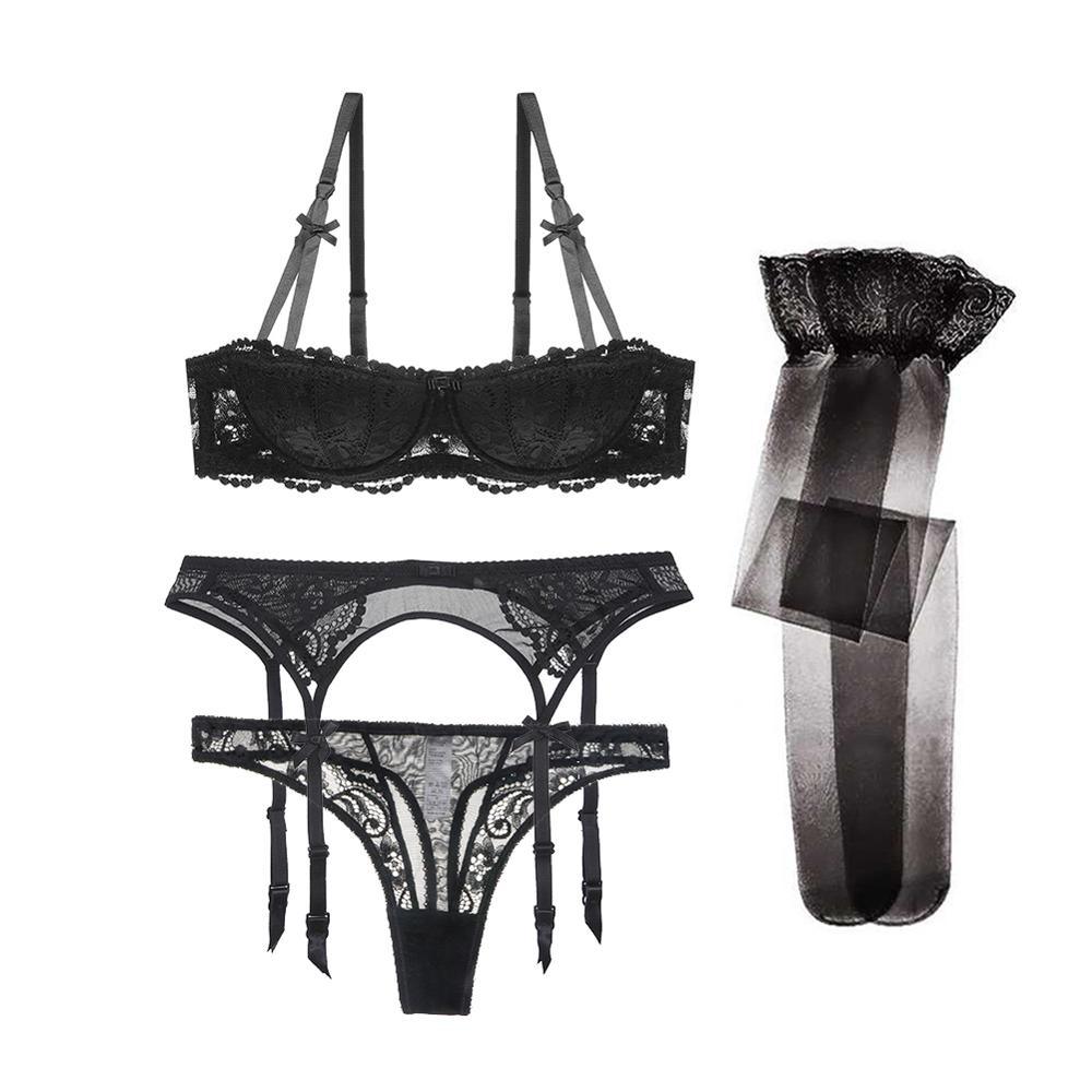 Varsbaby 4 Pcs Sexy Spitze Halb-Tasse Dünnen Unterwäsche Stickerei Büstenhalter Sammeln Bh + Tanga + Gürtel + strümpfe Dessous Sets - ItemBear.com