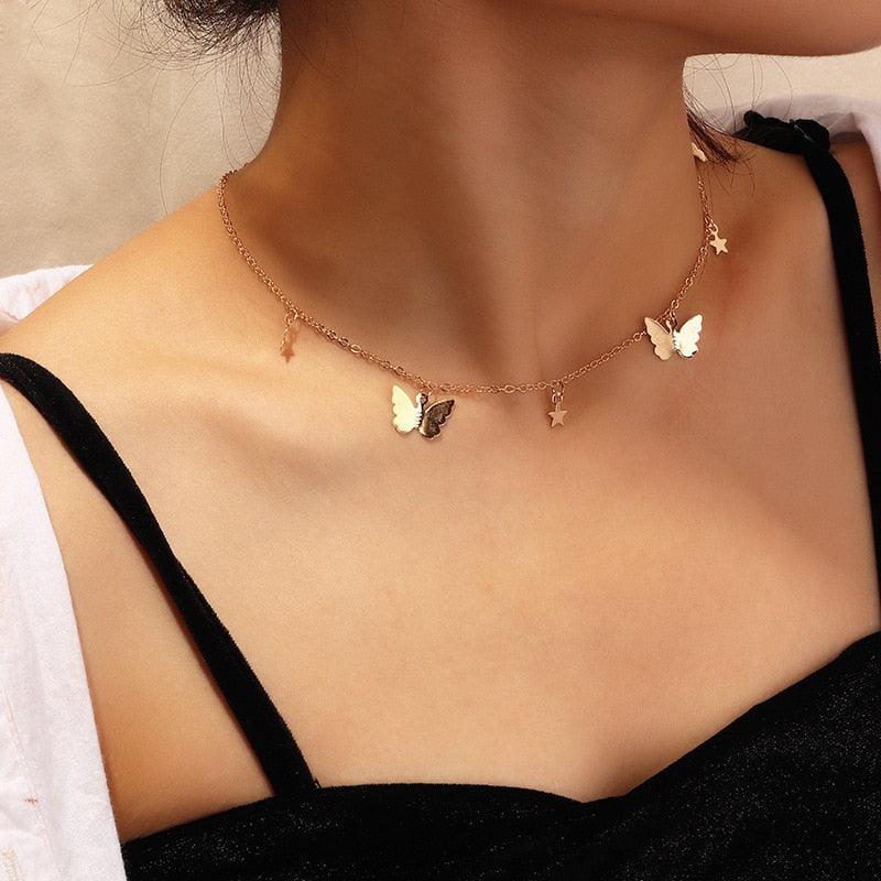 Vintage Multilayer Pendant Butterfly Necklace for Women Butterflies Moon Star Charm Choker Necklaces Boho Fashion Jewelry Gift - ItemBear.com