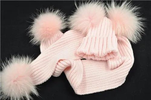 Winter Real Fur Scarf and Hat Set Kids Big Real Raccoon Fur Balls Hat Double Fur Pom Pom Beanies Children Girls Warm Scarf Cap - ItemBear.com