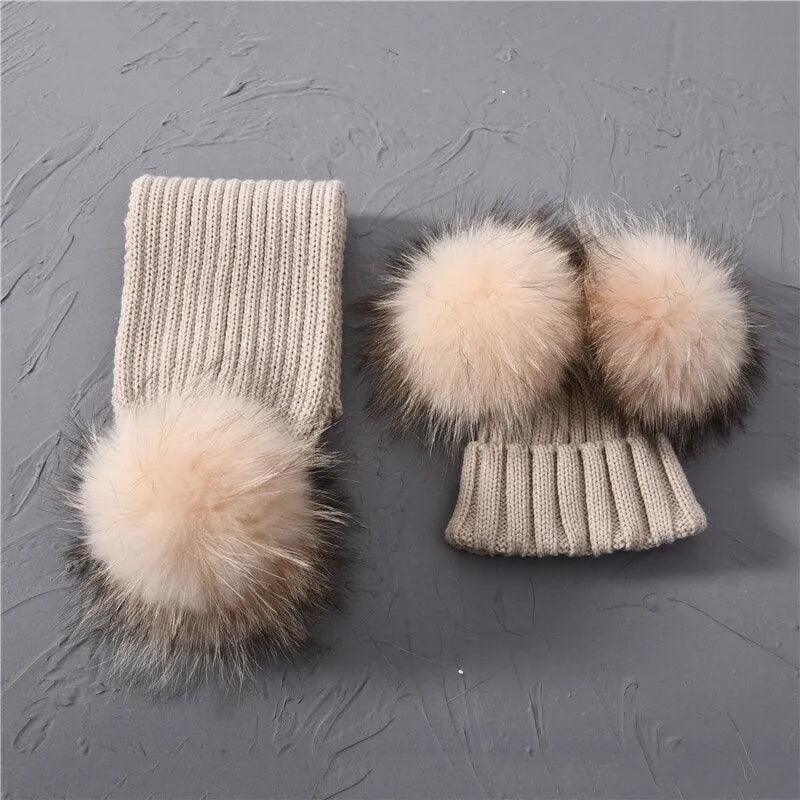 Winter Real Fur Scarf and Hat Set Kids Big Real Raccoon Fur Balls Hat Double Fur Pom Pom Beanies Children Girls Warm Scarf Cap - ItemBear.com