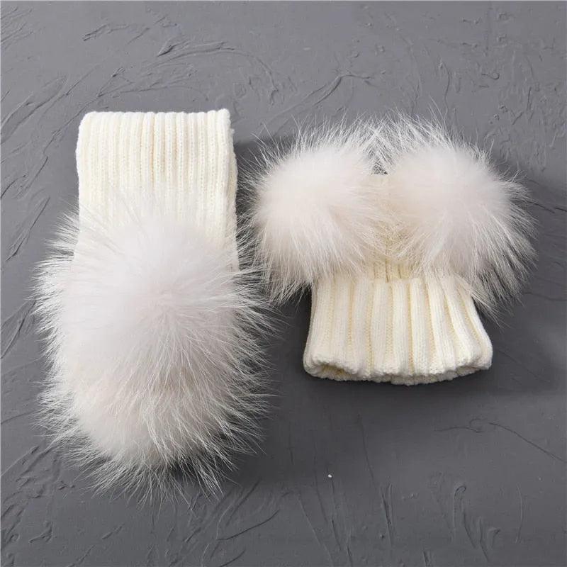 Winter Real Fur Scarf and Hat Set Kids Big Real Raccoon Fur Balls Hat Double Fur Pom Pom Beanies Children Girls Warm Scarf Cap - ItemBear.com