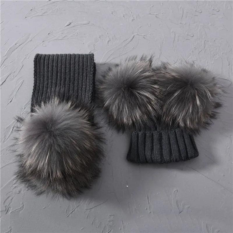 Winter Real Fur Scarf and Hat Set Kids Big Real Raccoon Fur Balls Hat Double Fur Pom Pom Beanies Children Girls Warm Scarf Cap - ItemBear.com