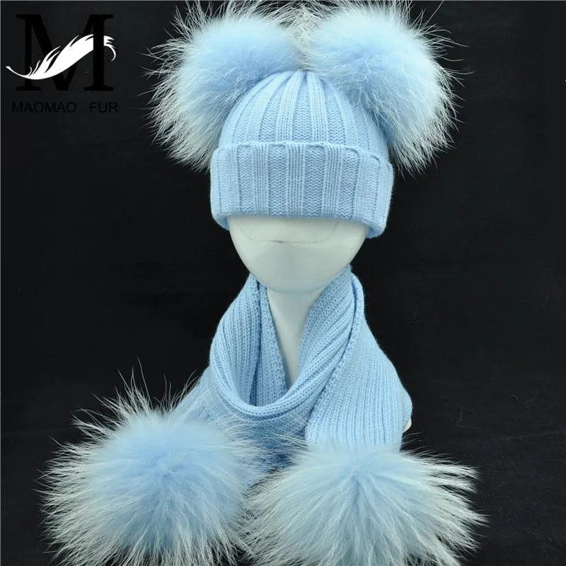 Winter Real Fur Scarf and Hat Set Kids Big Real Raccoon Fur Balls Hat Double Fur Pom Pom Beanies Children Girls Warm Scarf Cap - ItemBear.com