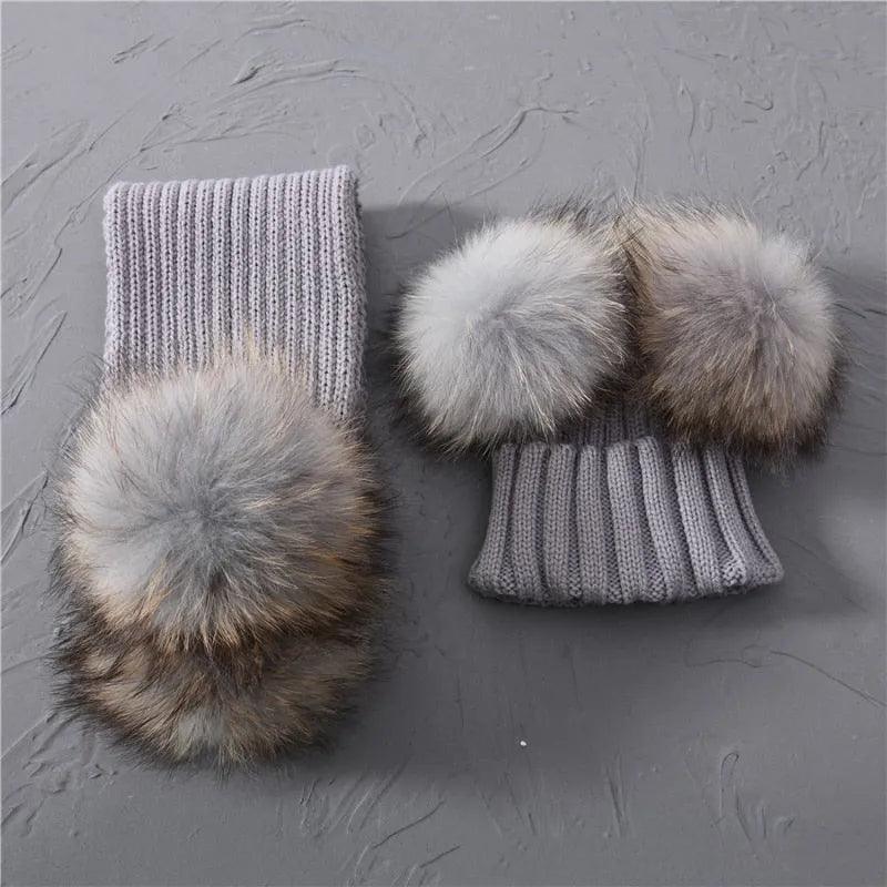 Winter Real Fur Scarf and Hat Set Kids Big Real Raccoon Fur Balls Hat Double Fur Pom Pom Beanies Children Girls Warm Scarf Cap - ItemBear.com