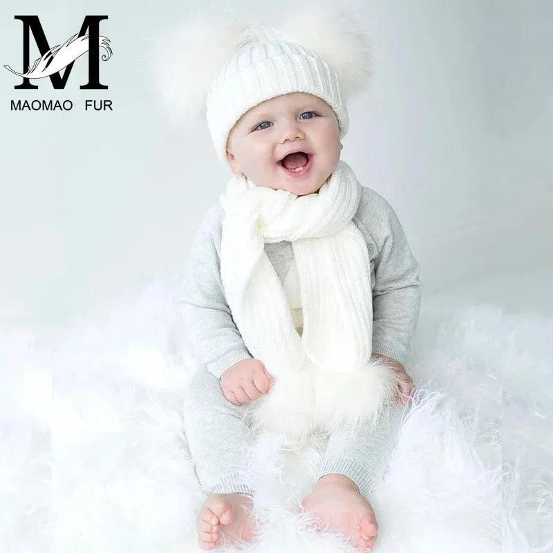 Winter Real Fur Scarf and Hat Set Kids Big Real Raccoon Fur Balls Hat Double Fur Pom Pom Beanies Children Girls Warm Scarf Cap - ItemBear.com