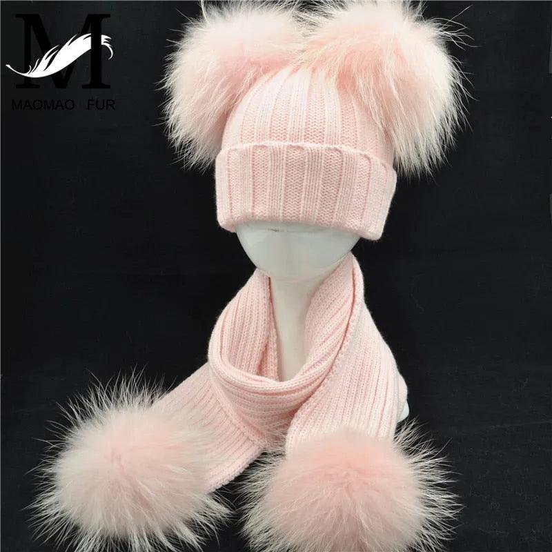 Winter Real Fur Scarf and Hat Set Kids Big Real Raccoon Fur Balls Hat Double Fur Pom Pom Beanies Children Girls Warm Scarf Cap - ItemBear.com