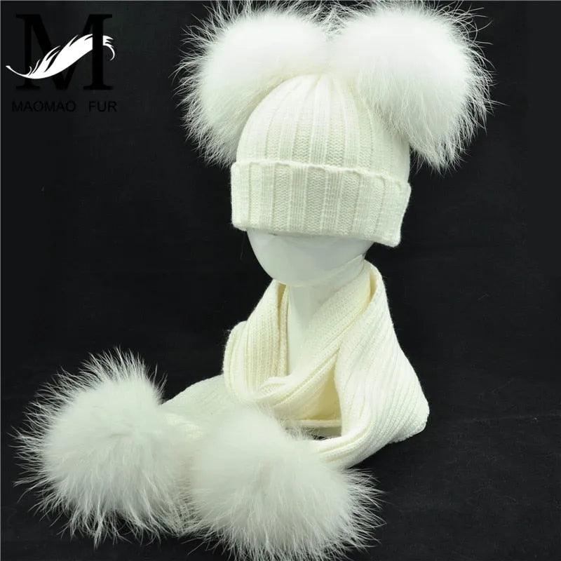 Winter Real Fur Scarf and Hat Set Kids Big Real Raccoon Fur Balls Hat Double Fur Pom Pom Beanies Children Girls Warm Scarf Cap - ItemBear.com