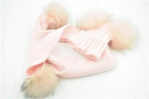 Winter Real Fur Scarf and Hat Set Kids Big Real Raccoon Fur Balls Hat Double Fur Pom Pom Beanies Children Girls Warm Scarf Cap - ItemBear.com