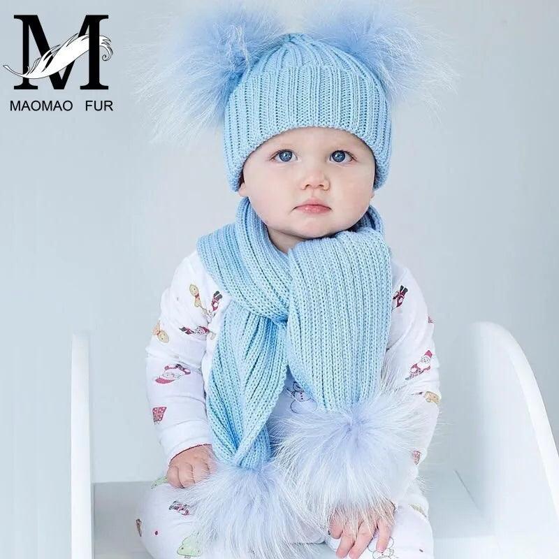 Winter Real Fur Scarf and Hat Set Kids Big Real Raccoon Fur Balls Hat Double Fur Pom Pom Beanies Children Girls Warm Scarf Cap - ItemBear.com