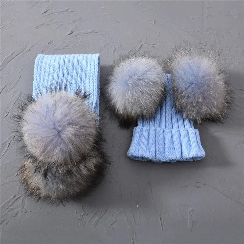 Winter Real Fur Scarf and Hat Set Kids Big Real Raccoon Fur Balls Hat Double Fur Pom Pom Beanies Children Girls Warm Scarf Cap - ItemBear.com