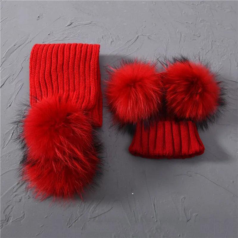 Winter Real Fur Scarf and Hat Set Kids Big Real Raccoon Fur Balls Hat Double Fur Pom Pom Beanies Children Girls Warm Scarf Cap - ItemBear.com