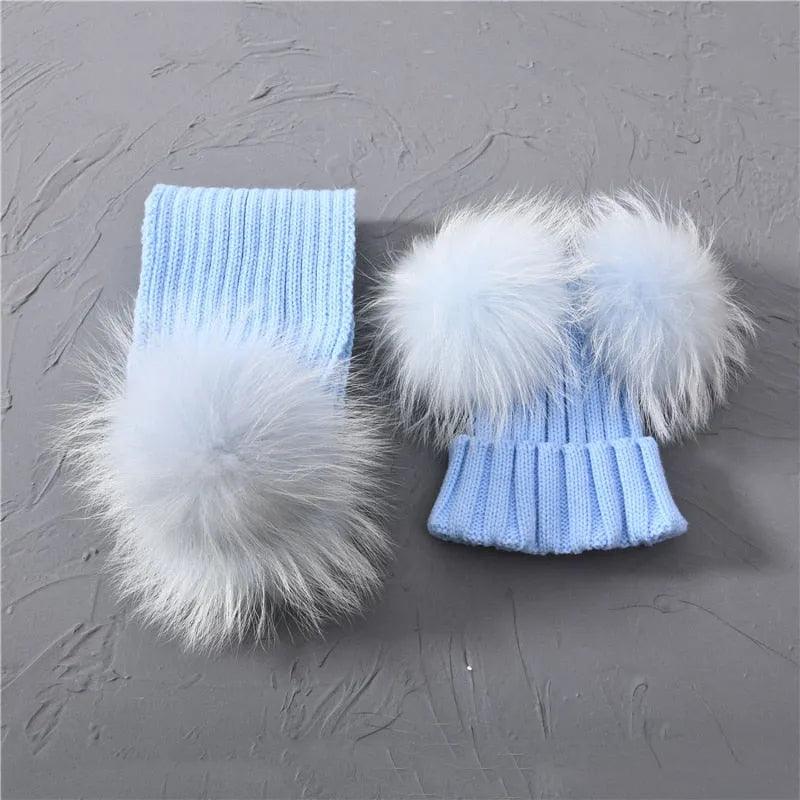 Winter Real Fur Scarf and Hat Set Kids Big Real Raccoon Fur Balls Hat Double Fur Pom Pom Beanies Children Girls Warm Scarf Cap - ItemBear.com