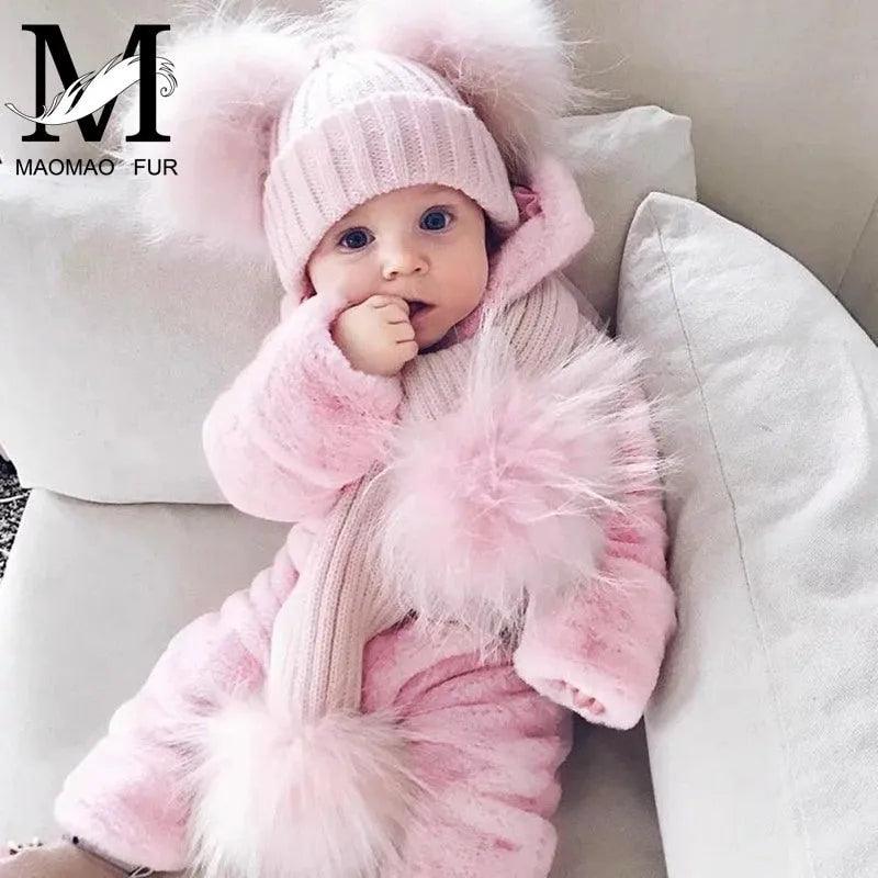 Winter Real Fur Scarf and Hat Set Kids Big Real Raccoon Fur Balls Hat Double Fur Pom Pom Beanies Children Girls Warm Scarf Cap - ItemBear.com