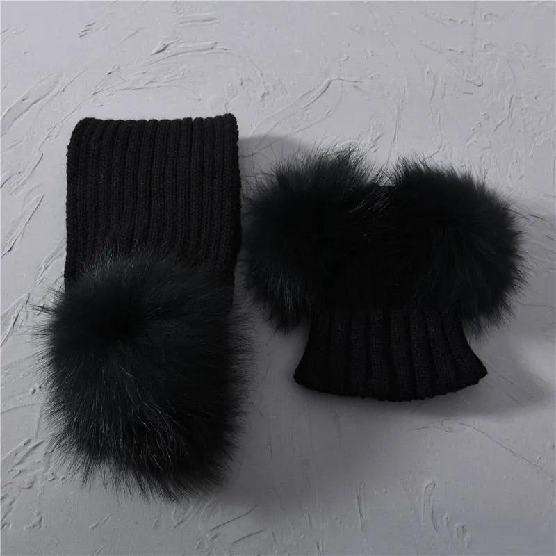 Winter Real Fur Scarf and Hat Set Kids Big Real Raccoon Fur Balls Hat Double Fur Pom Pom Beanies Children Girls Warm Scarf Cap - ItemBear.com