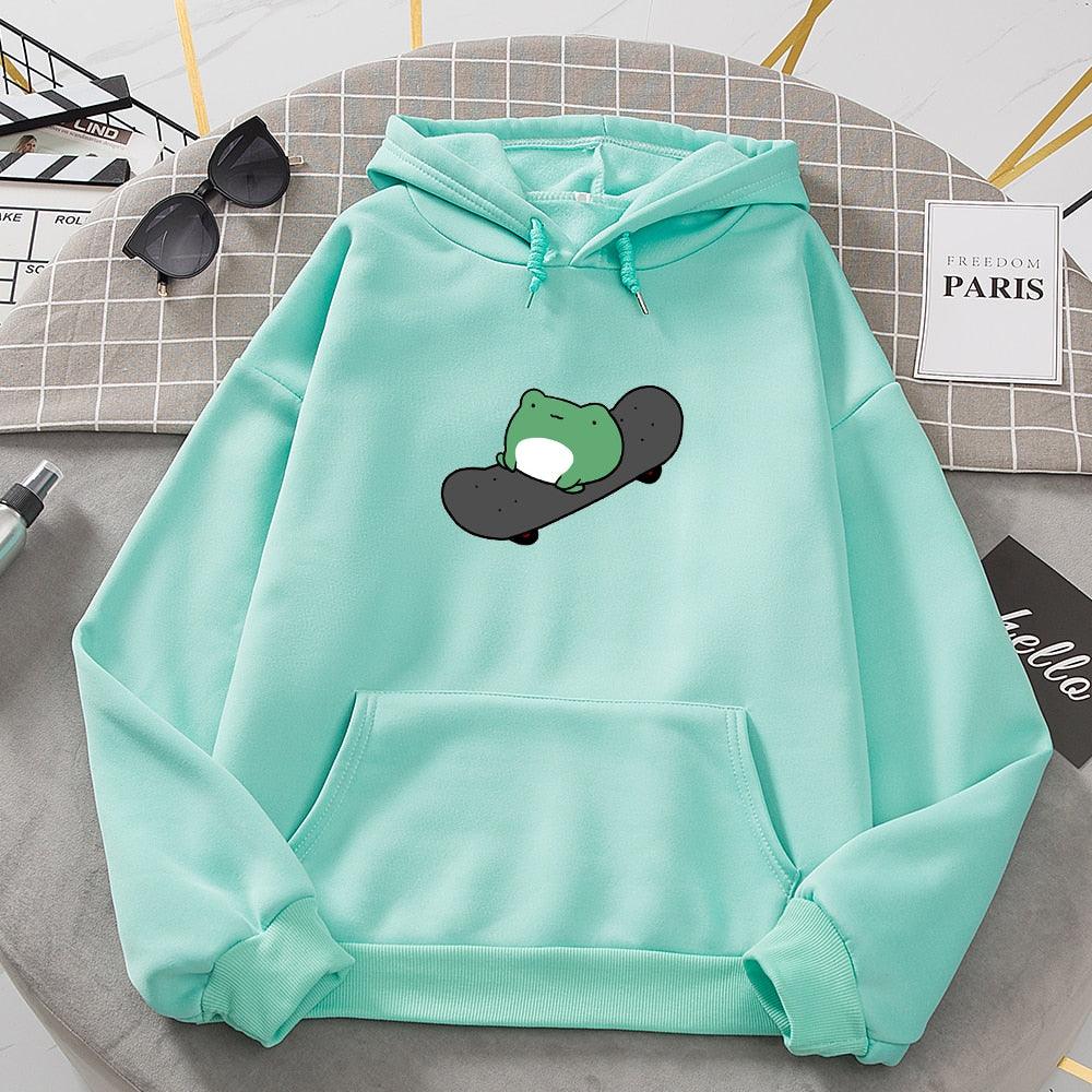 Winter Skateboard Frog Oversized Sweatshirt Men and Women Hoodies Harajuku Warm Pullover Drawstring Pink Womens Korean Style - ItemBear.com