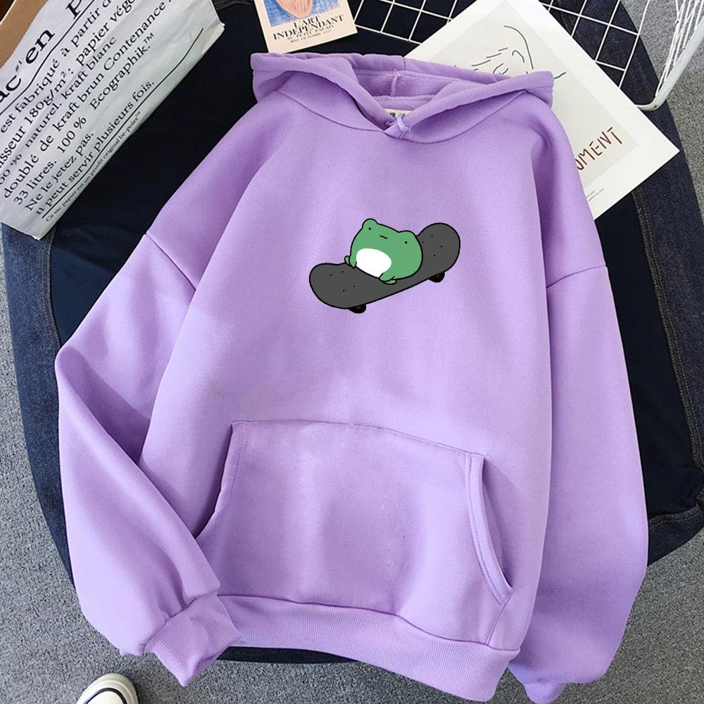 Winter Skateboard Frog Oversized Sweatshirt Men and Women Hoodies Harajuku Warm Pullover Drawstring Pink Womens Korean Style - ItemBear.com