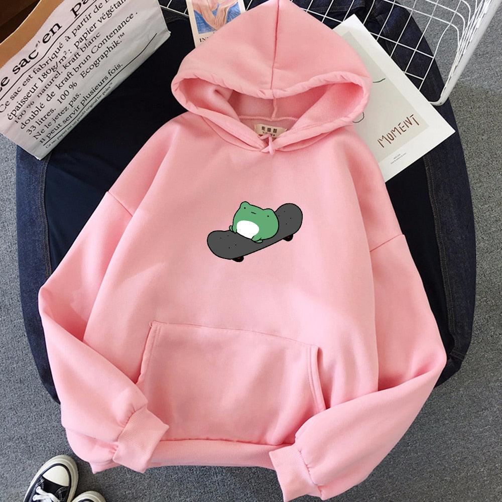 Winter Skateboard Frog Oversized Sweatshirt Men and Women Hoodies Harajuku Warm Pullover Drawstring Pink Womens Korean Style - ItemBear.com