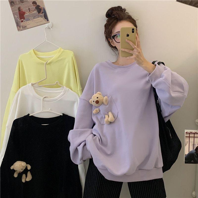 With Bear pocket - 2023 cross-border new sweater women's ins round neck loose Korean foreign style student long-sleeved top - ItemBear.com