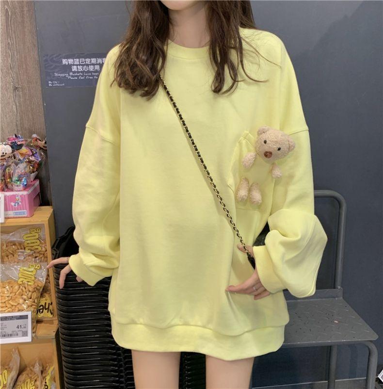 With Bear pocket - 2023 cross-border new sweater women's ins round neck loose Korean foreign style student long-sleeved top - ItemBear.com