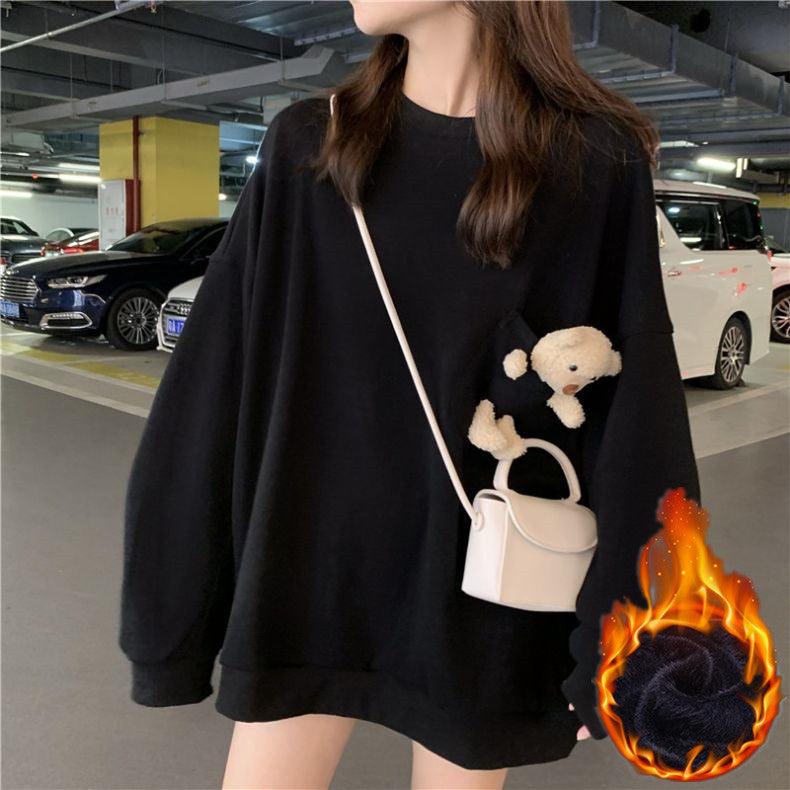 With Bear pocket - 2023 cross-border new sweater women's ins round neck loose Korean foreign style student long-sleeved top - ItemBear.com