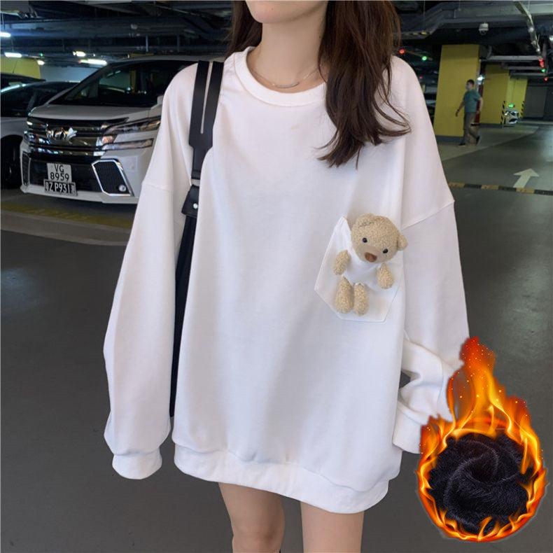 With Bear pocket - 2023 cross-border new sweater women's ins round neck loose Korean foreign style student long-sleeved top - ItemBear.com