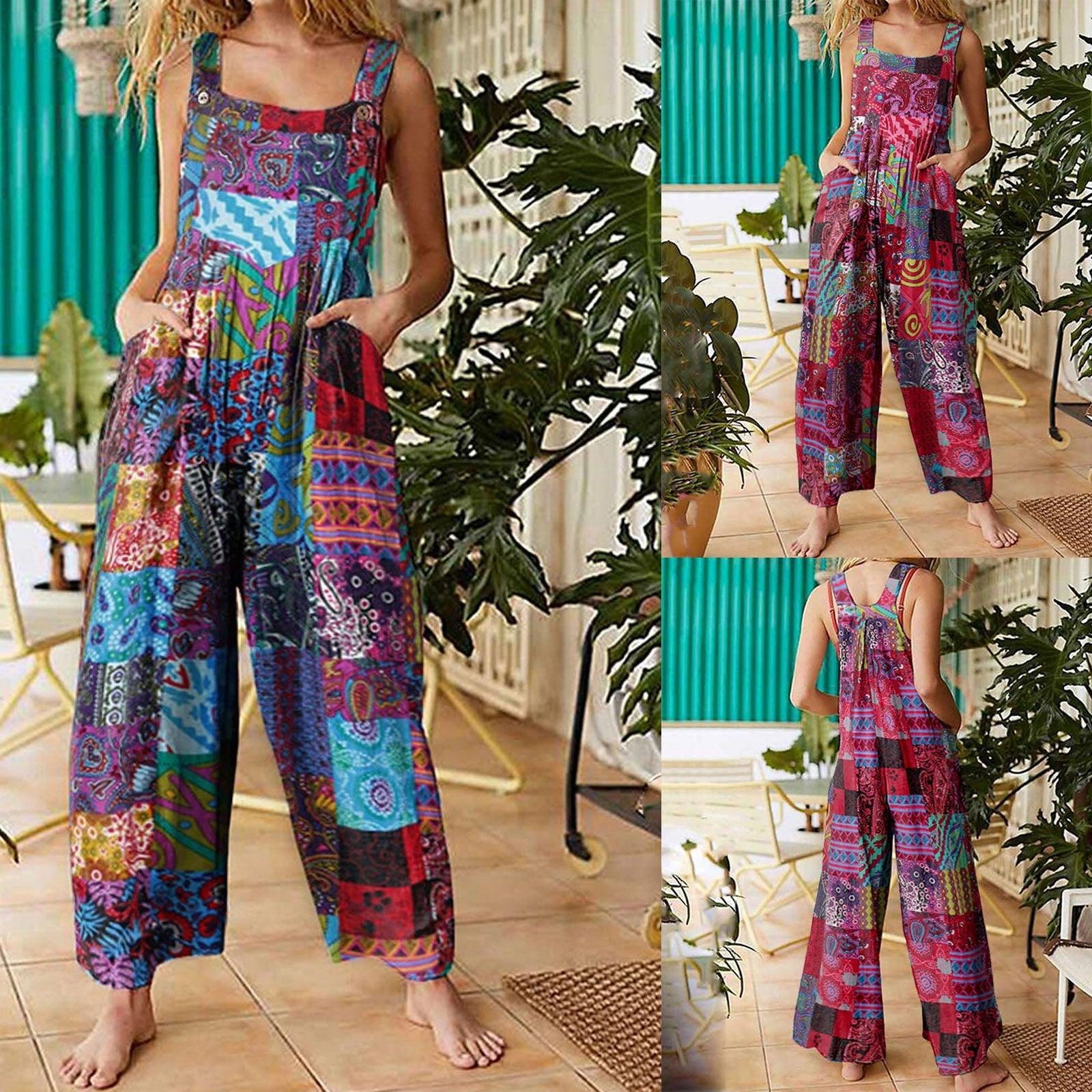 Women Ethnic Style Jumpsuits Summer Overalls Multicolor Square Neck Sleeveless Casual Rompers with Pockets for Girls Playsuit - ItemBear.com